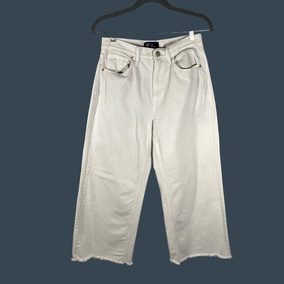 Gap Denim High Rise Wide-Leg Jeans 4/27R White 100% Cotton frayed hem neutral tr - Picture 1 of 10
